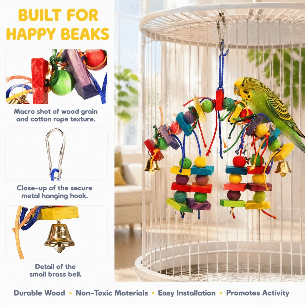 Multicolored Blocks Parakeet Chewing Toy Thick Block Cotton Rope Wooden Blocks Toy Wooden Material Chewable Design Pet Bird Toy