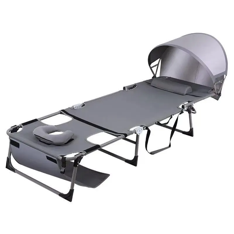 Folding Metal Lounge Chair with Canopy Perforated Soft Fabric Stackable Outdoor Sun Chair for Patio Garden Furniture