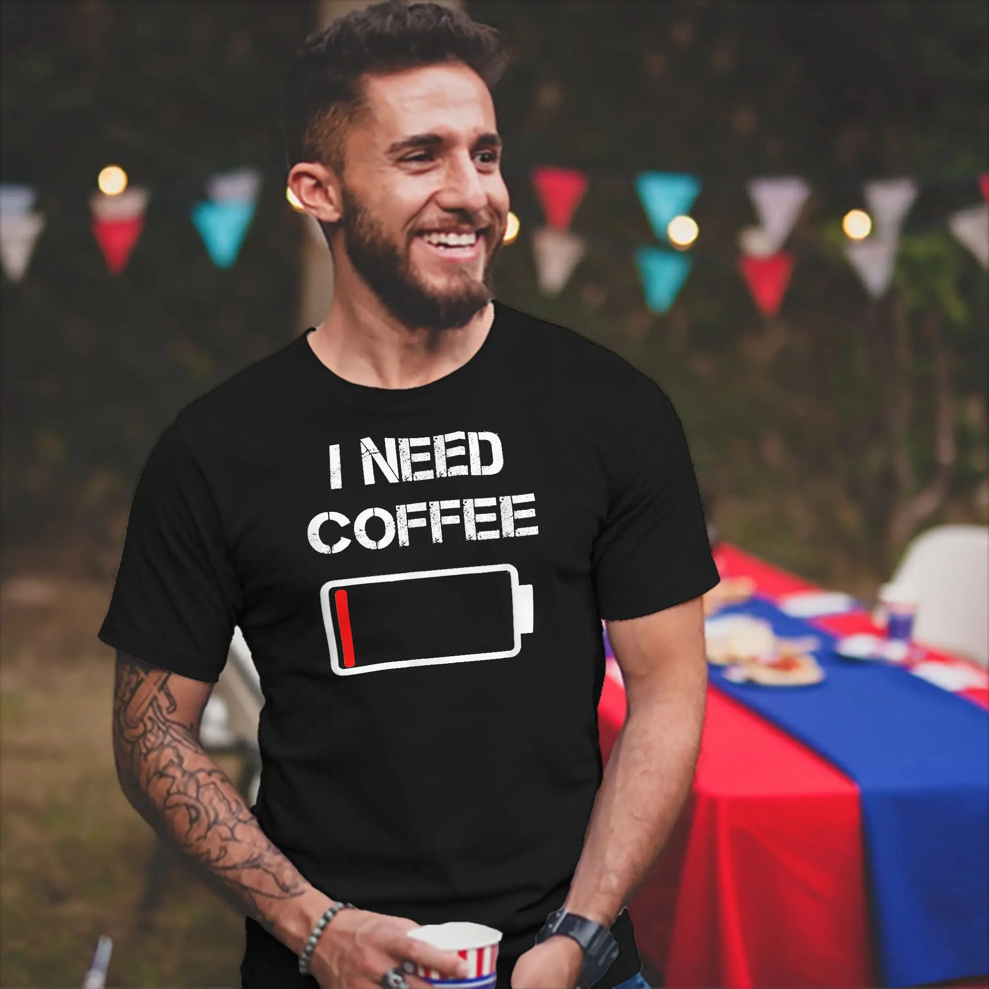 Funny I Need Coffee Funny Coffee Cups Battery Beans Coffee Tshirts Men's Cotton Short Sleeve  Round Neck Summer Clothing