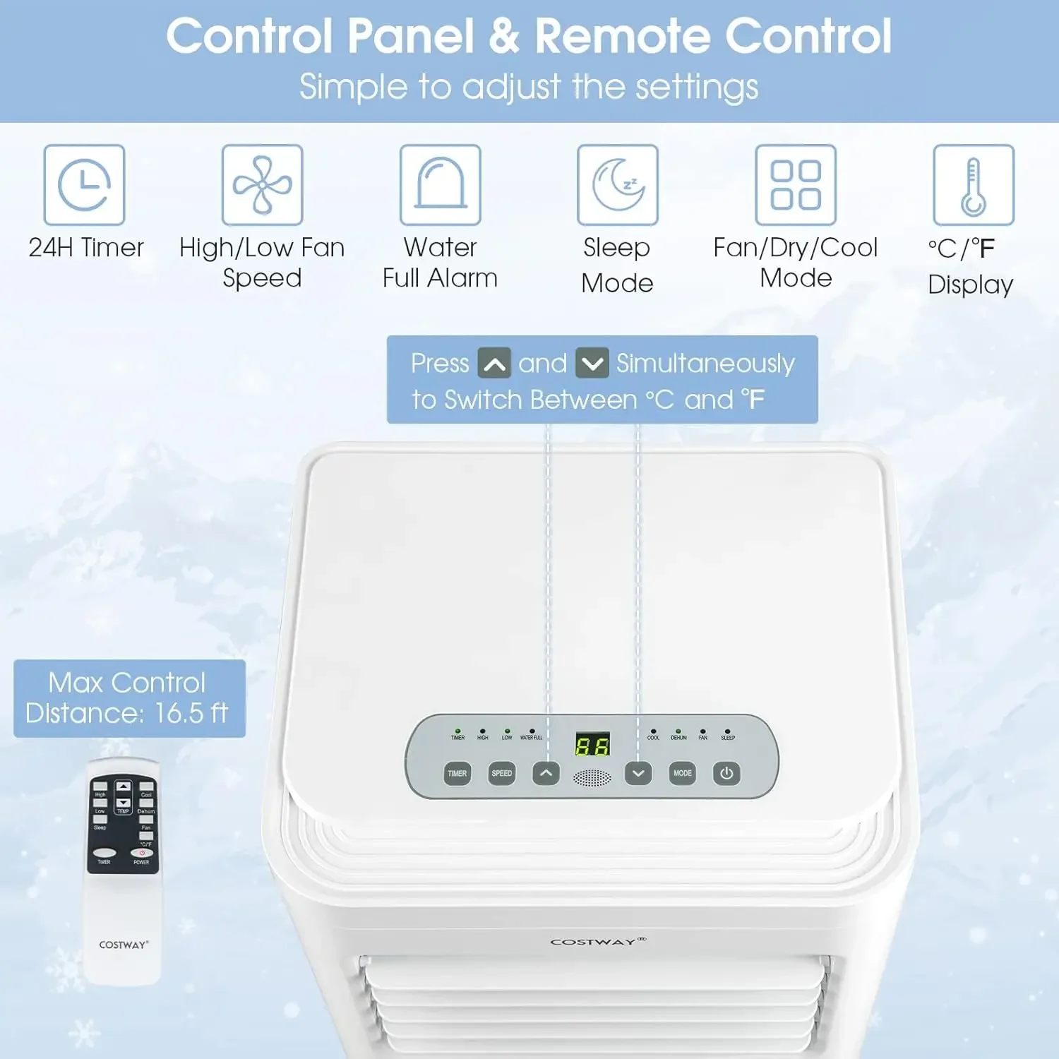 Climatiseur portable avec télécommande, unité AC 8000 BTU, aquarelle intégrée, mode ventilateur, mode veille, minuterie 24h