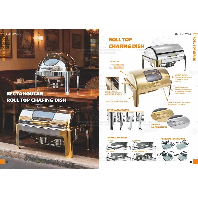 Premium 9L Gold Buffet Server Roll Top Chafing Dish with Large Viewing Window for Professional Catering