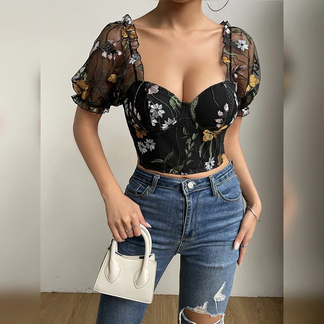 2024 New Fasion Mesh Flower Embroidery Design Puff Sleeve Fishbone Corset Ins Style Slim-fit Sweet Spice Girl Short Crop Tops