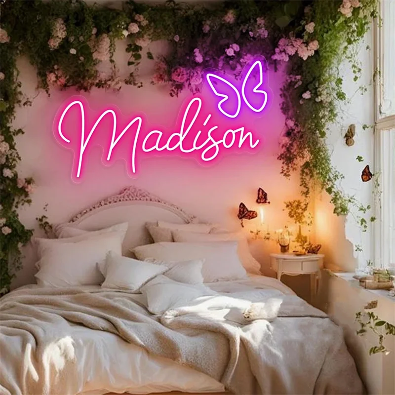 Niestandardowy neonowy znak imienia dla dzieci, sypialnia dziewczynki przedszkole akademika Nazwa LED Neon Light Butterfly Home Wall Decor Spersonalizowane prezenty
