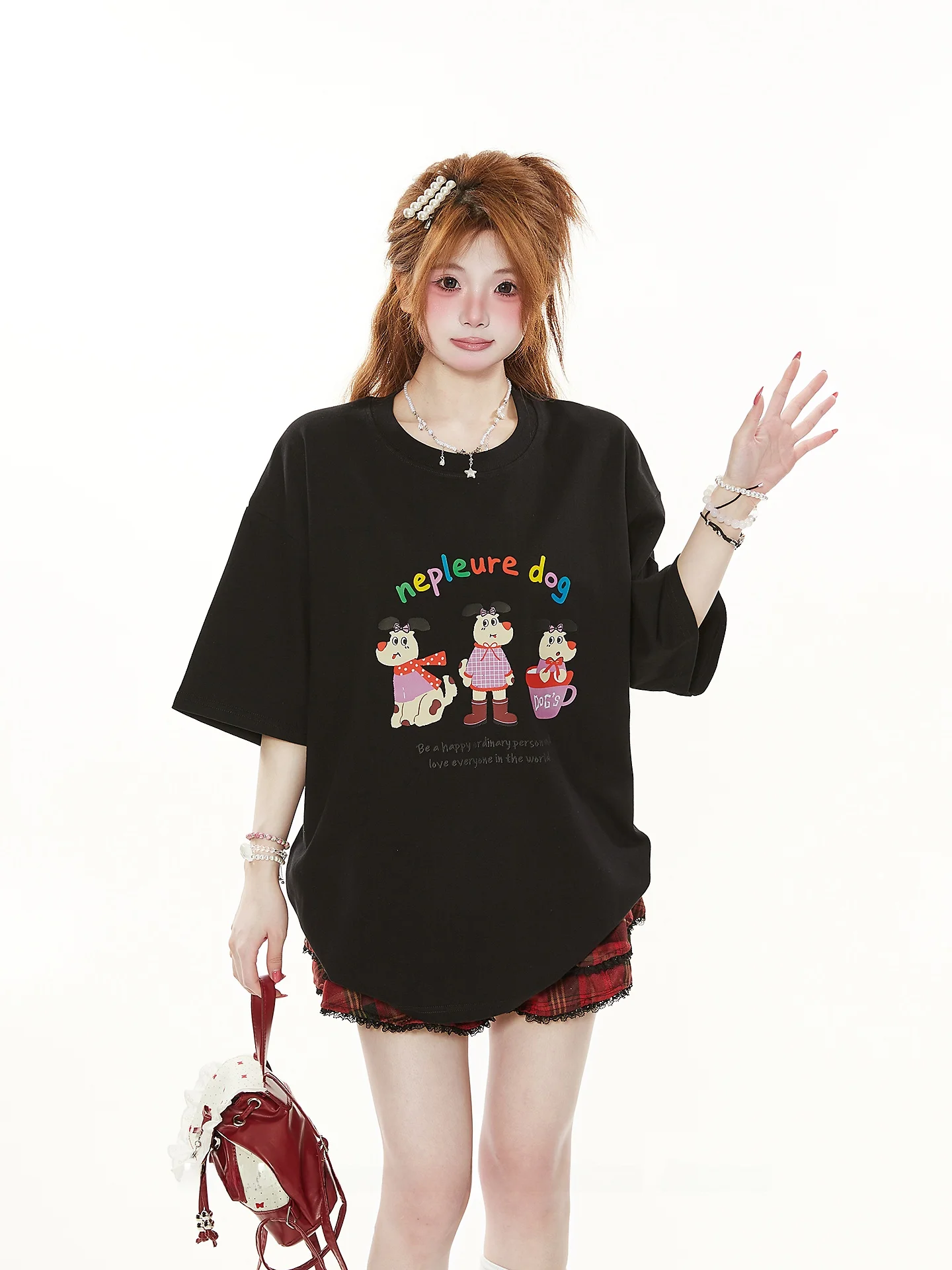 

Korean Style Cartoon Dog Print 5/8 Sleeve T-Shirt Women's Loose Fit Summer Trendy Top Black Versatile Casual Cotton Tee