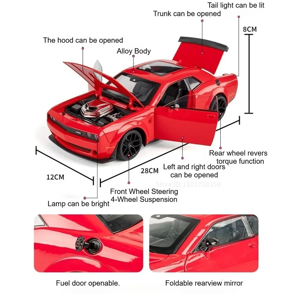 1:18 Scale HELLCAT CHIRON Model Sports Car Toy Alloy Diecast Shock Absorption Doors Opened Sound Light Exquisite Supercar Models