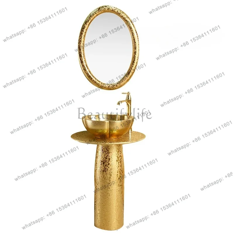 YJ European Art Column Wash Basin Bar Floor-to-ceiling Washbasin Ceramic Gold Integrated Wash Basin Designer