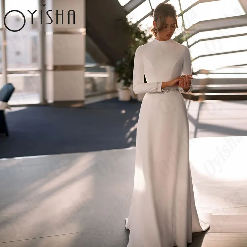 

OYISHA Satin A-Line Muslim Wedding Dresses Exquisite High Neck Long Sleeves Bridal Gowns For Woman Appliques Vestido De Mariages