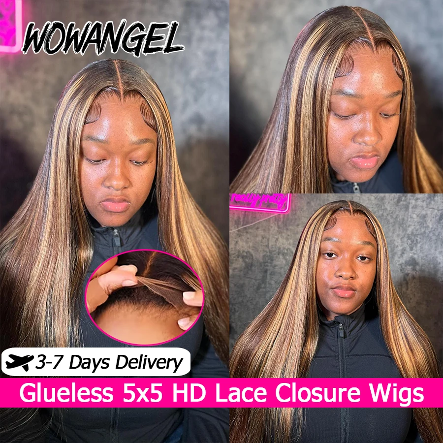 WOWANGEL 4/27 Highlight Glueless Human Hair Wig Honey Blonde Colored 5x5 HD Lace Closure Wigs Pre Plucked Straight Wig For Women
