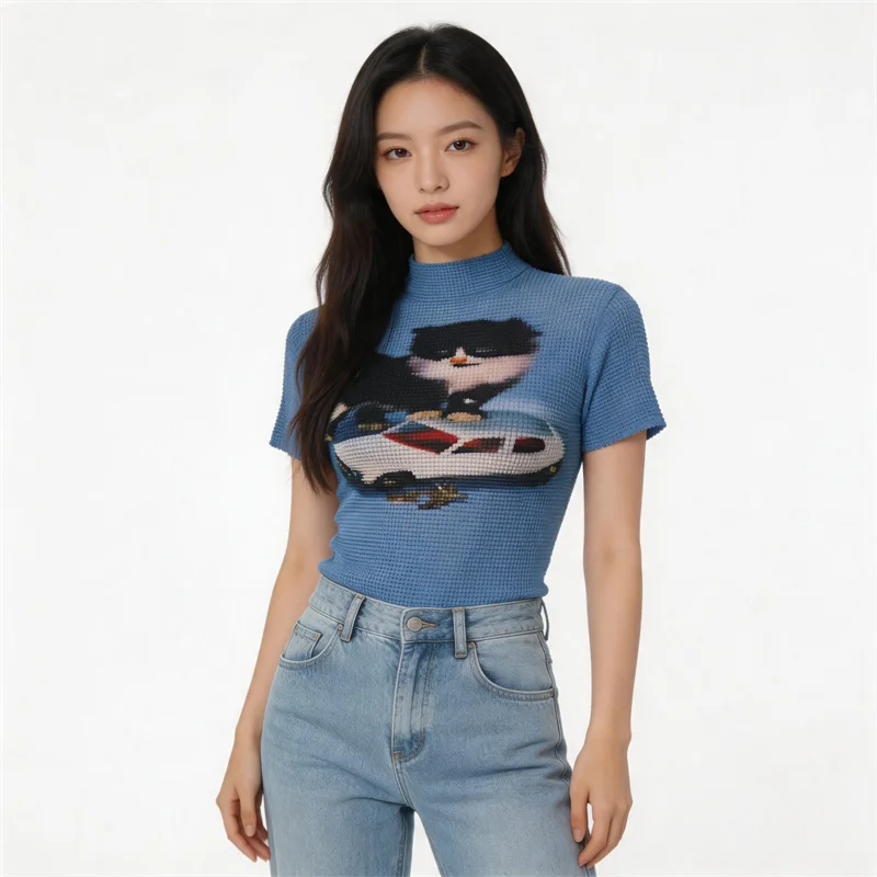 

Miyake Pleated Women Casual Tops 2026 New Japanese Design Cartoon Print High Collar Short-sleeved Slim Sweet T-shirt Small Shirt