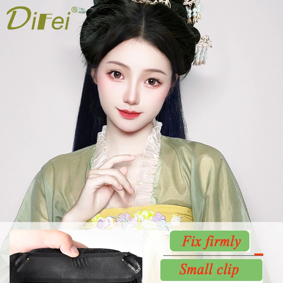 Sintetis fitur Cina Hanfu kostum wig bun dan rambut panjang dengan chignon setengah kepala headband Wig