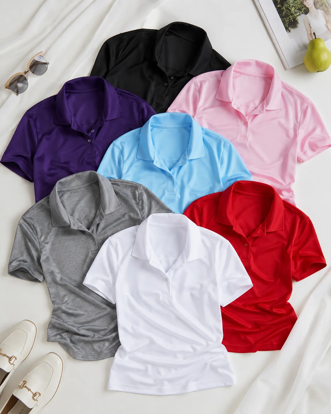 Women's basic solid color short-sleeved POLO shirts summer knitted tops daily casual models can be machine washed and dry cleane