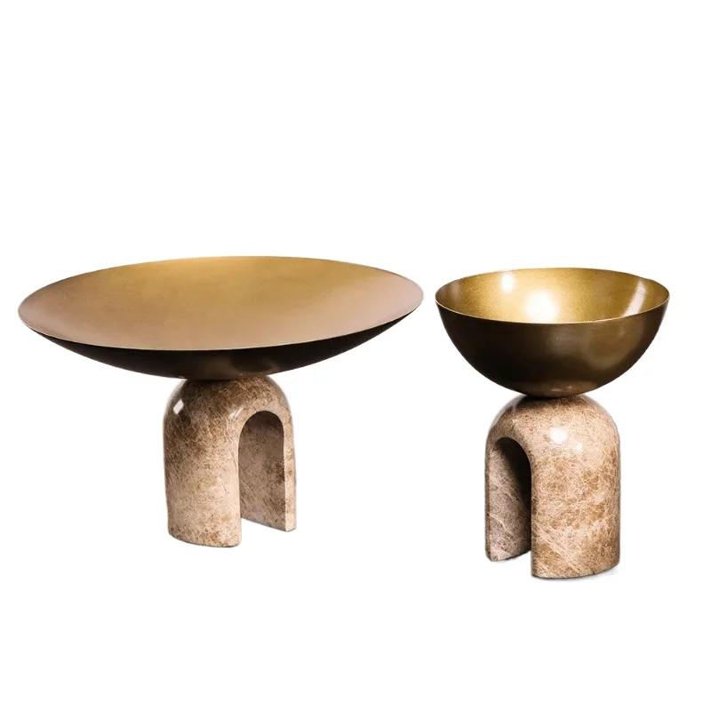 

Creative combination wine cabinet coffee table decorative metal tray with marble base home hotel electroplated gold candy tray