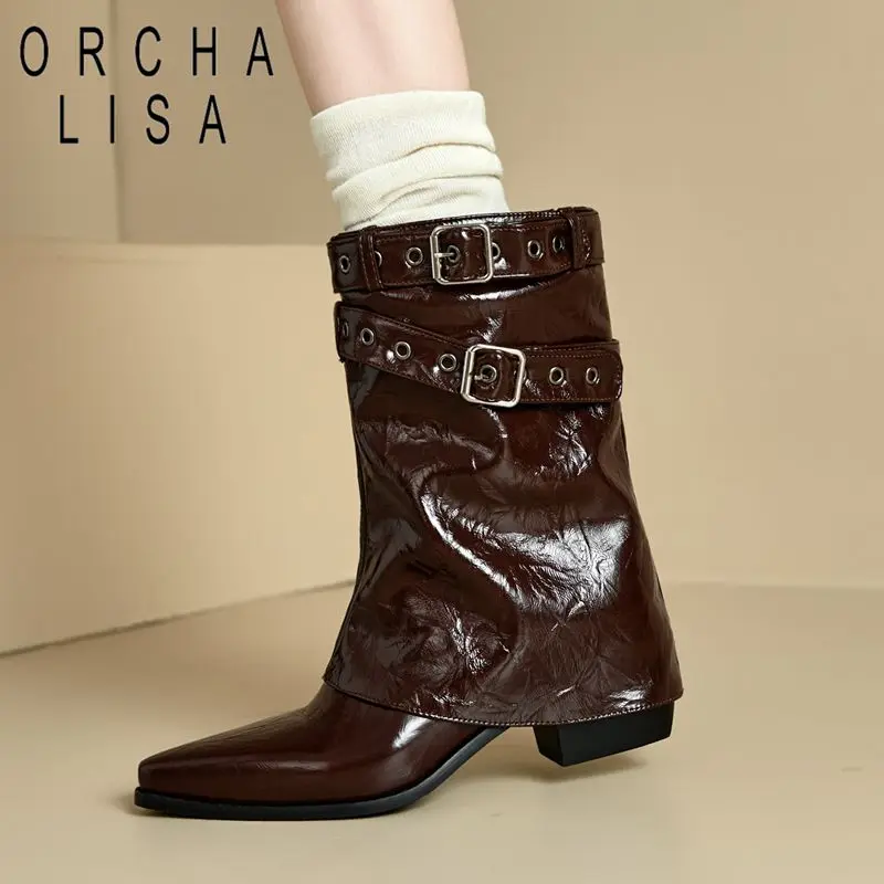 

ORCHA LISA 2025 Новые женские сапоги до середины икры в стиле ретро с острым носком 5,5 см на блочном каблуке без шнуровки с металлическим акцентом, большой размер 46-48 женские mujer