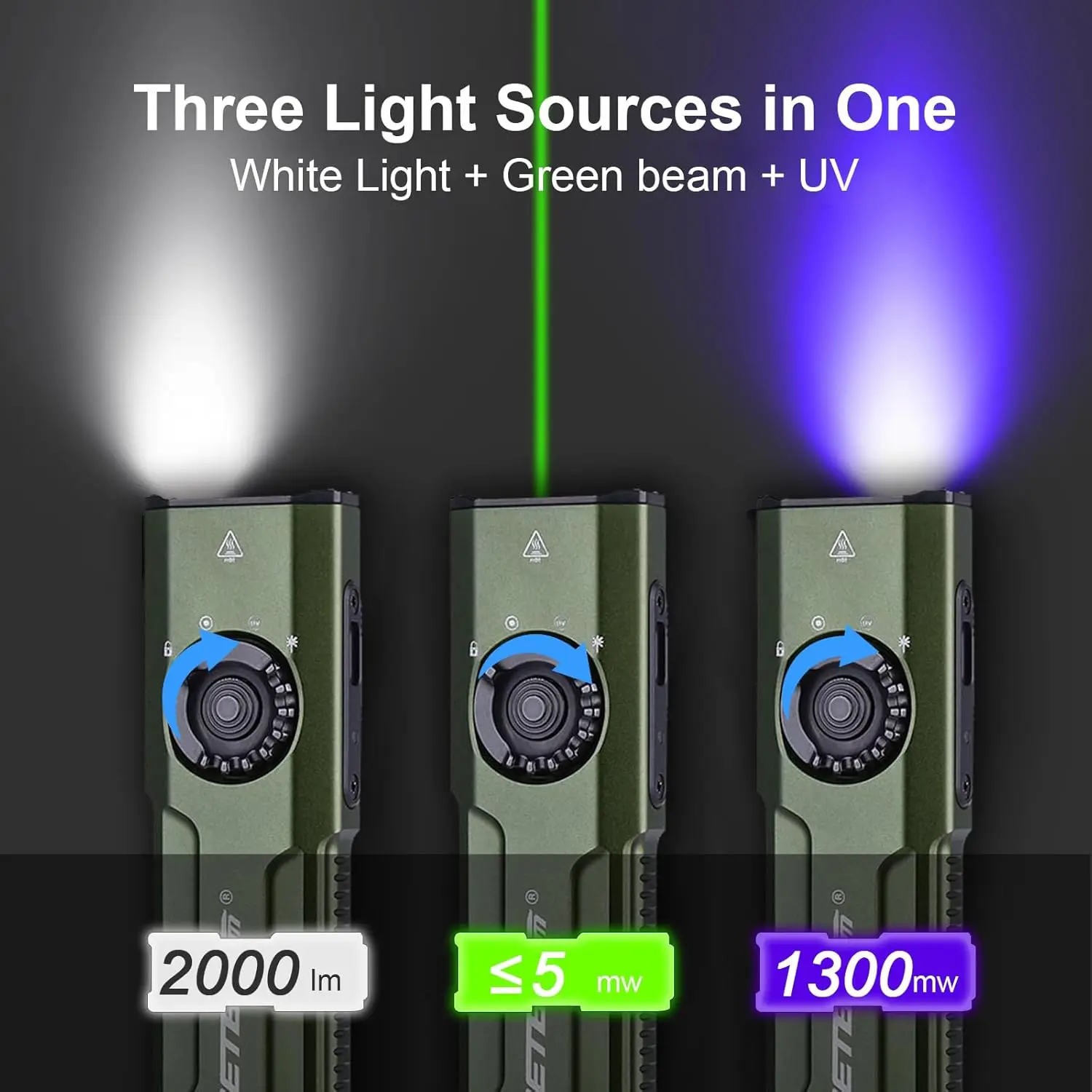 JETBeam E26 UV Kunai SST40 Rechargeable ED Flashlight 4 Constant Brightness Mode Strobe+1300mW UV+Green Beam Combo 2000 Lumens view 3