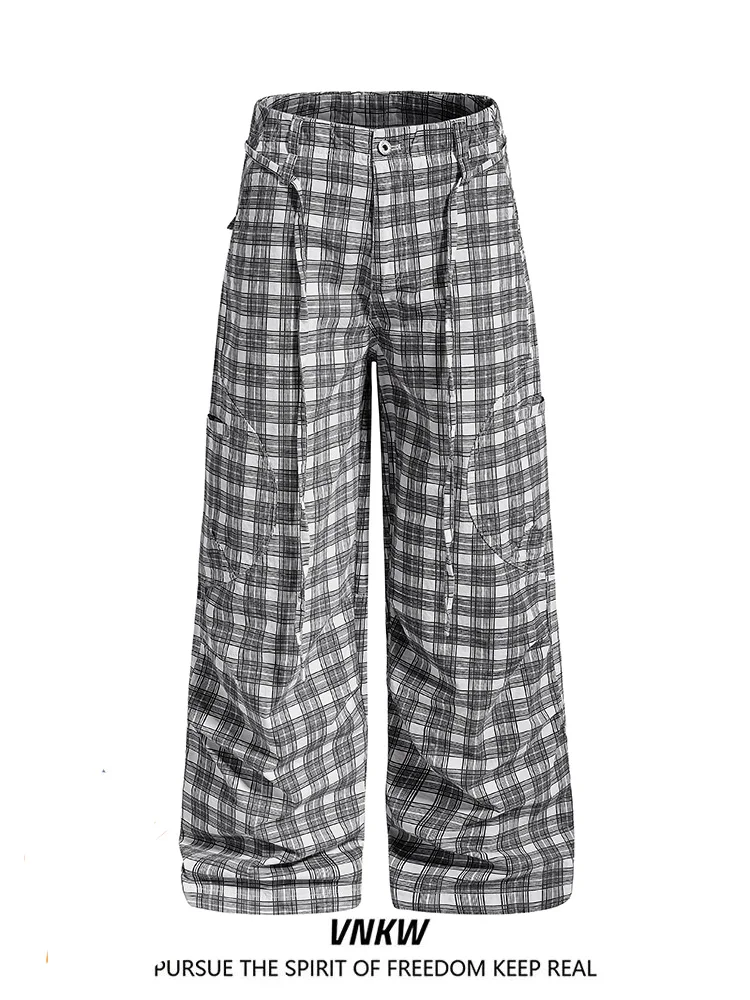 

American Retro Plaid Deconstructed Design Workwear Casual Pants Loose Wide Leg Match All the Year Long Floor-Length Trousers