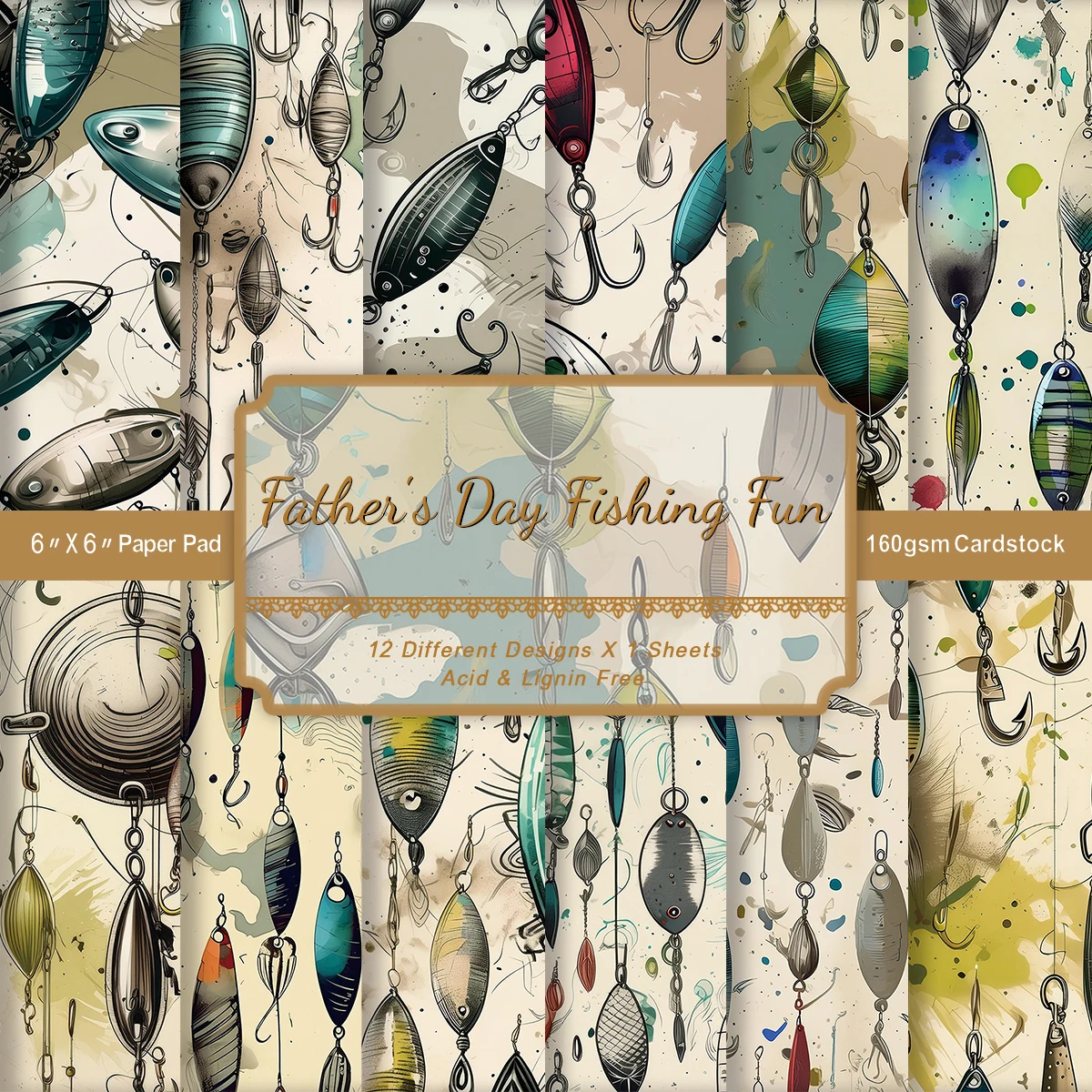 12pcs Vintage Fishing Lure Pattern Scrapbook Paper For Father's Day Themed Card Making,Diy Gift Wrapping,Party Background Decor view 4