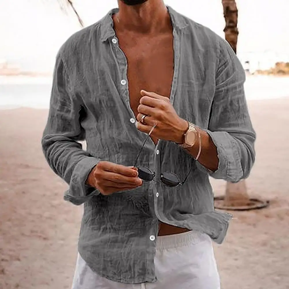 Cotton Linen Men Lapel Long Sleeve Shirt Tops Pleated Thin Solid Color Single Breasted V-neck Casual Shirt Tops Breathable Shirt