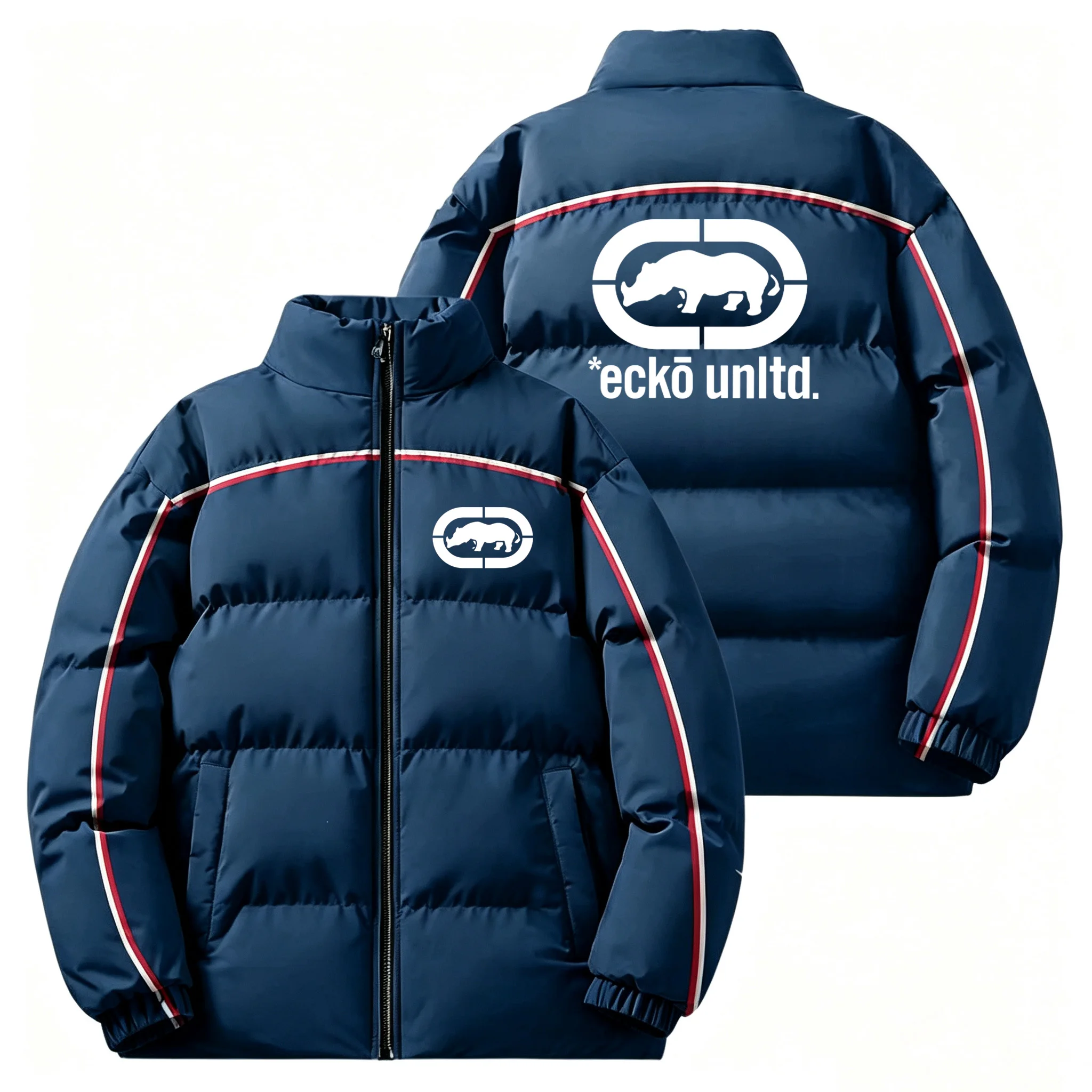 Winter Men Thick Padded Down Jacket Ecko Unltd Rhino Print Stand‑collar Zip Coat Hip‑hop Street Style Loose Warm Outerwear For D