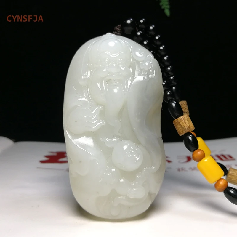 

CYNSFJA Real Rare Certified Chinese Hetian Jade Nephrite Lucky Amulets God of Longevity Hand Piece Jade Carving Master Artworks