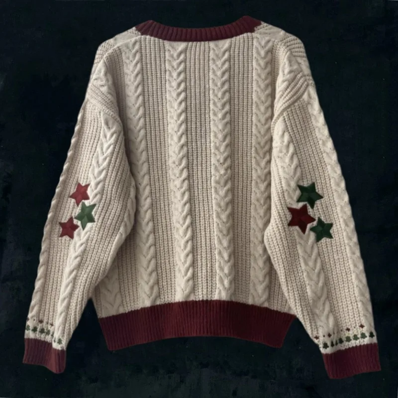 Christmas Cardigan Women New Year Gift Winter Soft Knitted Cardigans with Star Embroidery for Holiday Christmas Tree Sweater Top