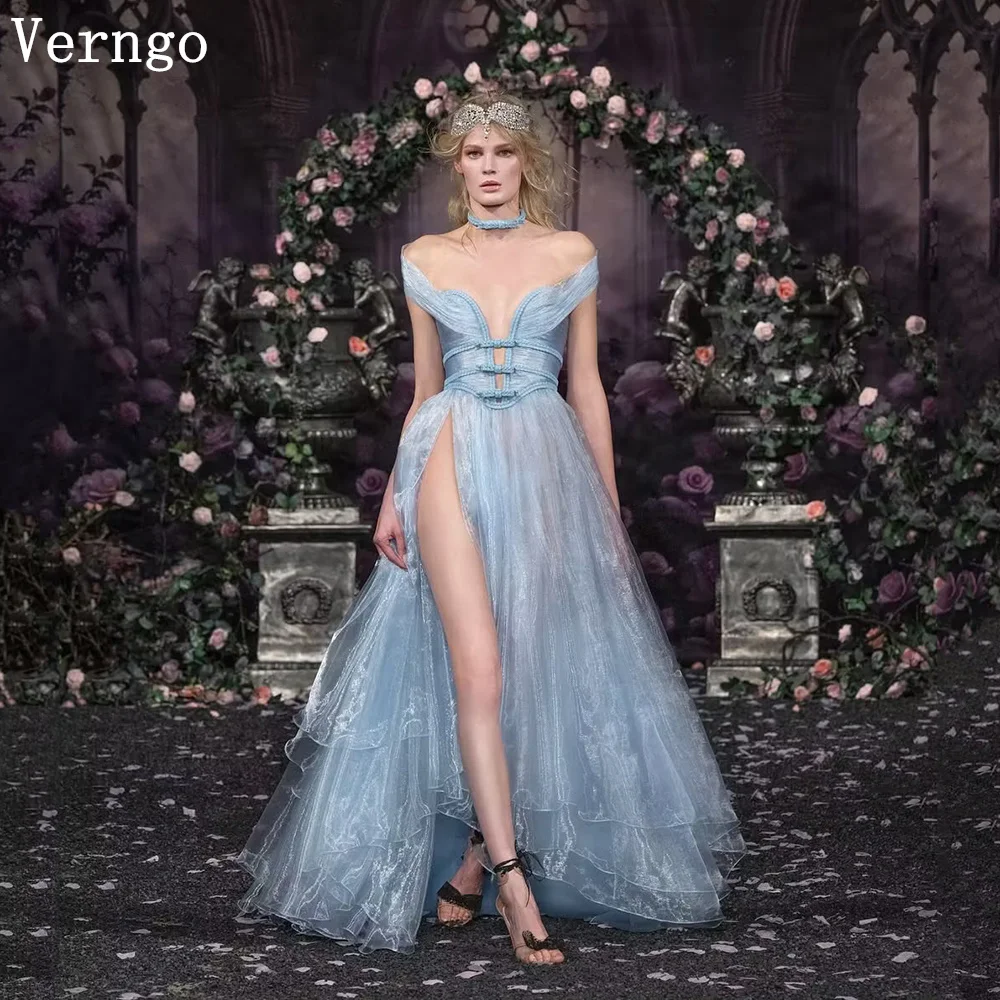 

Verngo Blue Shiny Organza Evening Dress Off The Shoulder Side Slit Prom Gowns Women Maxi Prom Party Gowns Customized