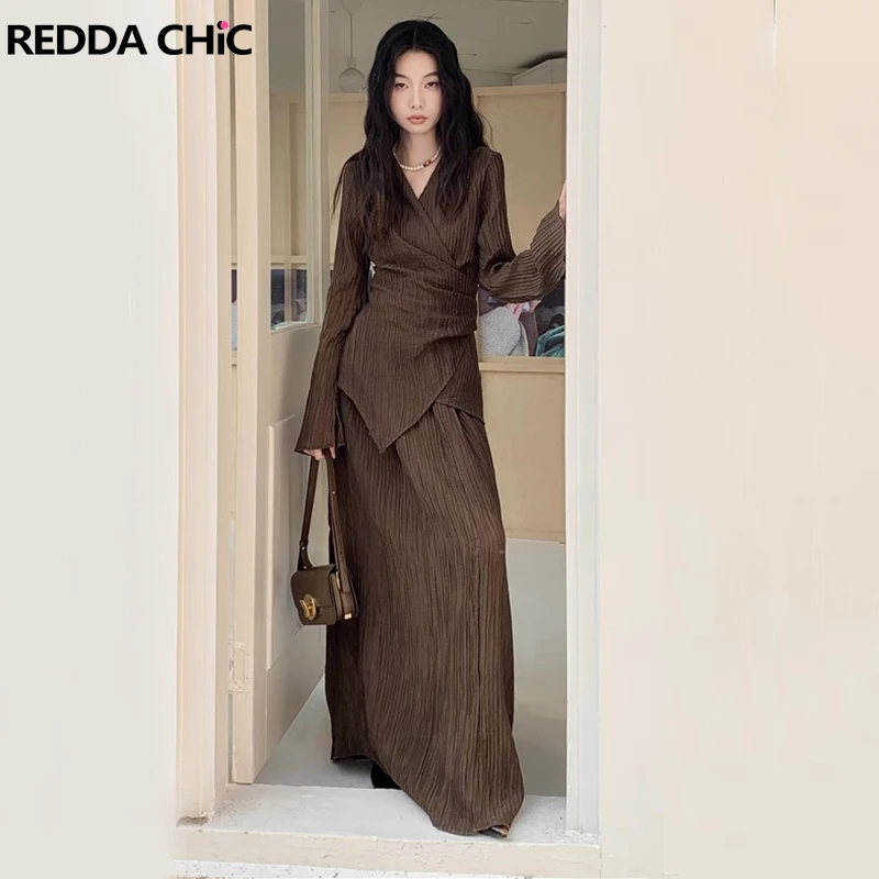 REDDACHiC Brown Pleated Blouse Skirt 2-piece Set V-neck Irregular Bandage Wrap Top Elastic Waist Maxi Long Skirt Casual Workwear