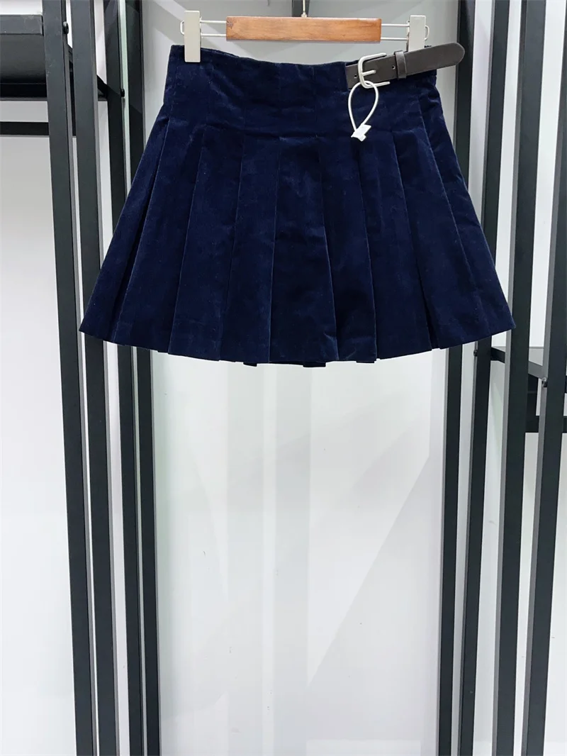 Cotton Blends Women Dark Blue Mini Skirt Pleated Elastic Leather Buckle Decoration Early Autumn 2026 Corduroy Short Jupe