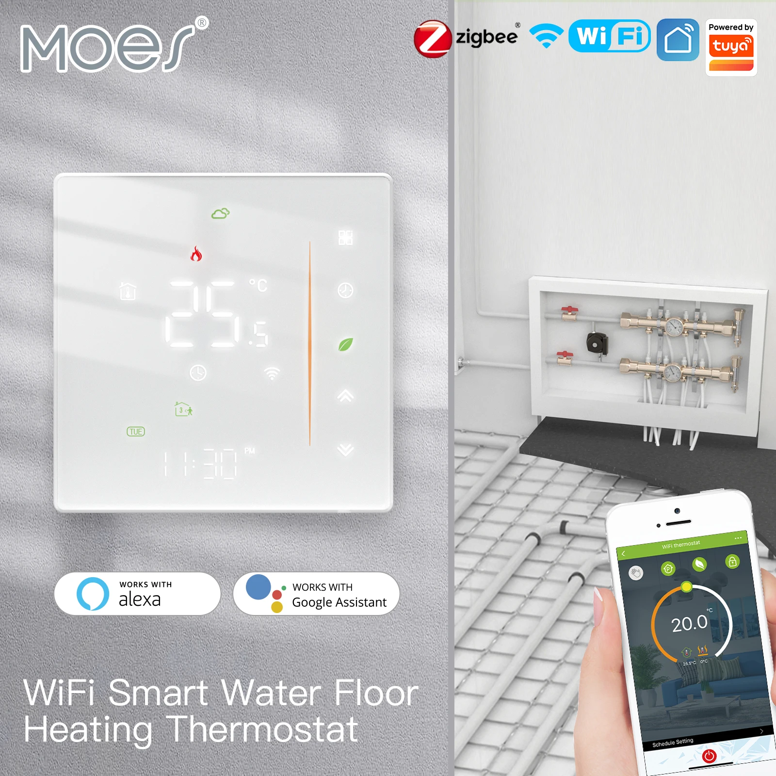 MOES Water/Electric Floor Heating Thermostat Zigbee Water Gas Boiler Temperature Control Tuya/Smart APP Alexa Google Voice