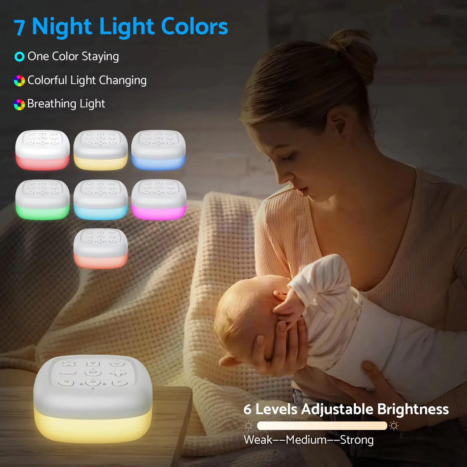 Portable White Noise Machine Baby with 30 Sleep Sounds 7 Colour Baby Night Light Volume Adjustment with Recording Function
