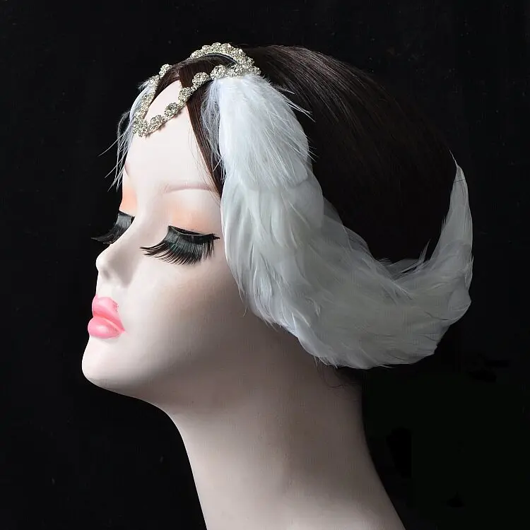 

Swan Lake Ballet White Black Hair Feather Headband With Diamond Rhinestone Headdress Feather Headpiece