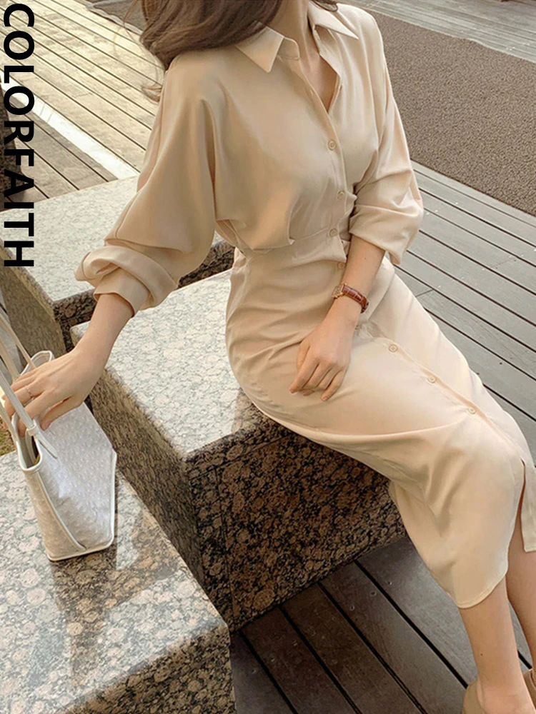 Colorfaith DR2226A New 2024 High Waist Vintage Lace Up Single Breasted Elegant Lady Spring Summer Women Shirt Dress Long Dress