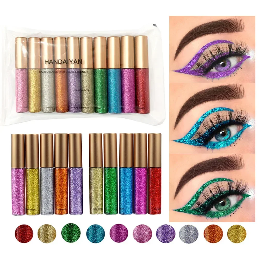 10pcs/set Glitter Eyeliner Eyeshadow Pen Shine Diamond Eye Shadow Cream Long-Lasting Silvery Gold Color Eye Liner Gel Cosmetics