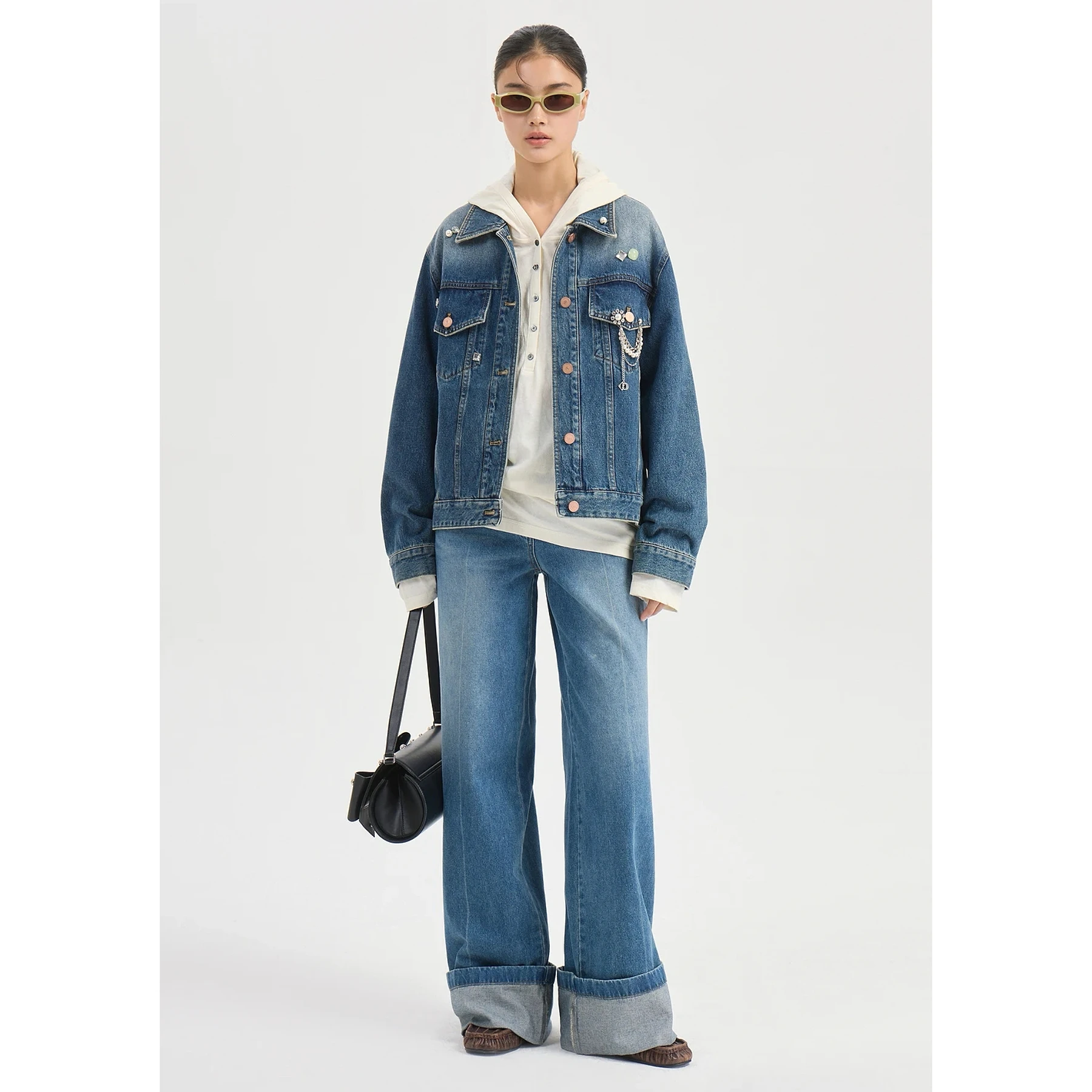 High-Quality Lemon Cheese LUC26 Autumn  Collar Button-Up Slimming Short Denim Jacket with Chest Pin Casual Loose Fit Long...