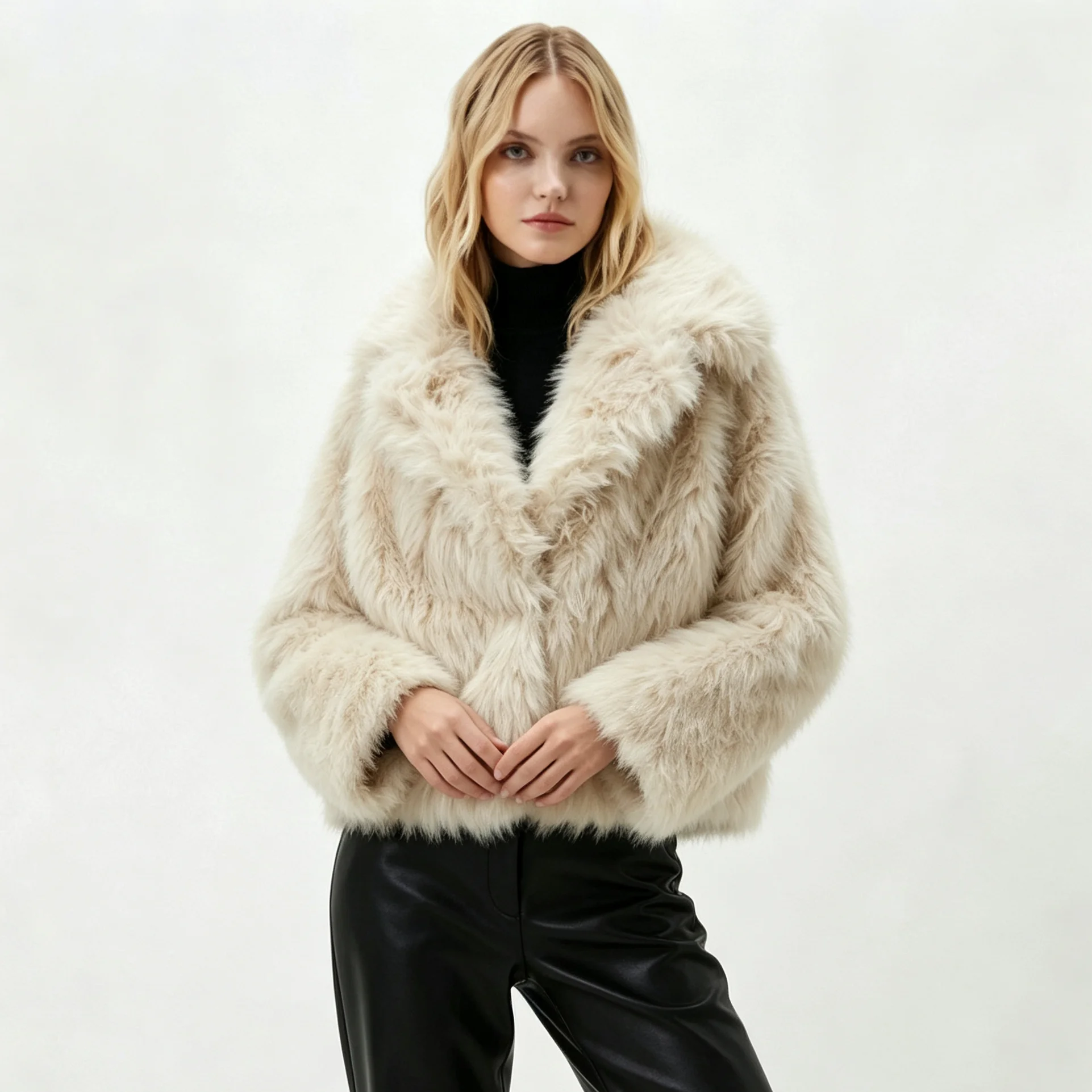RU 2026 Women Faux Fur Jacket Lapel Collar Loose Plush Warm Outerwear For Autumn Winter Street Fashion Daily Outfit