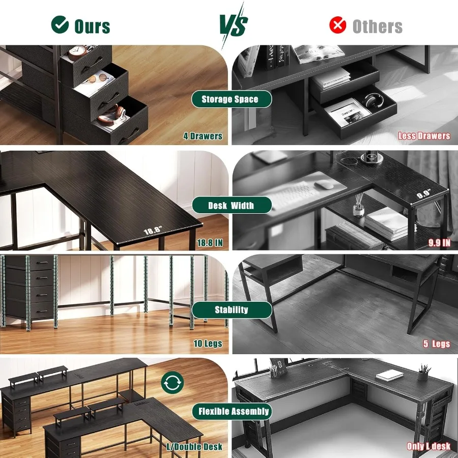 مكتب كمبيوتر 66 لتر على شكل 94.4 بوصة مكتب منزلي مع منافذ طاقة 4 أدراج تخزين قابلة للتعديل 2 حامل شاشة كبير اثنين من Pe #6