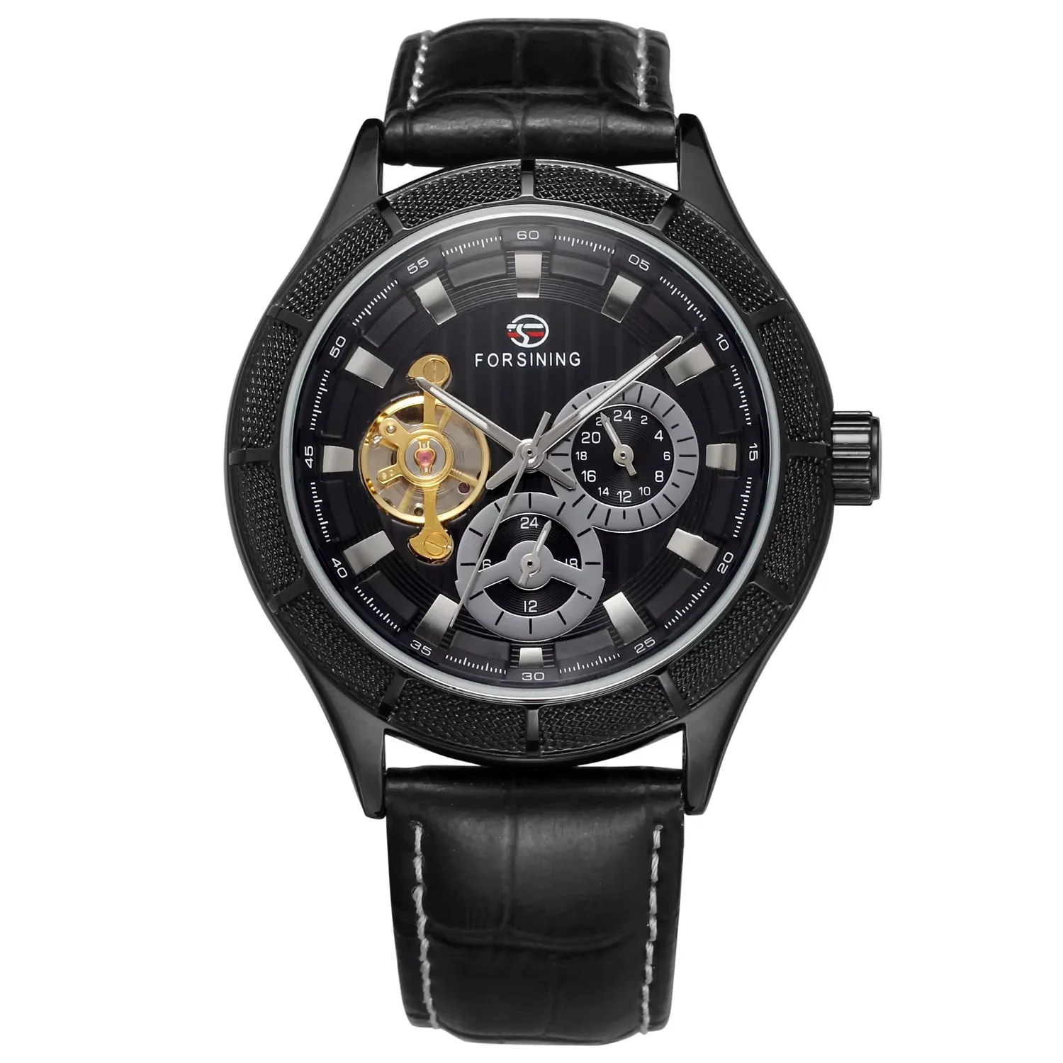 FORSINNG Flywheel Double ring nail scale automatic mechanical Watch Black Circular belt Mechanical Watch Men's Watch