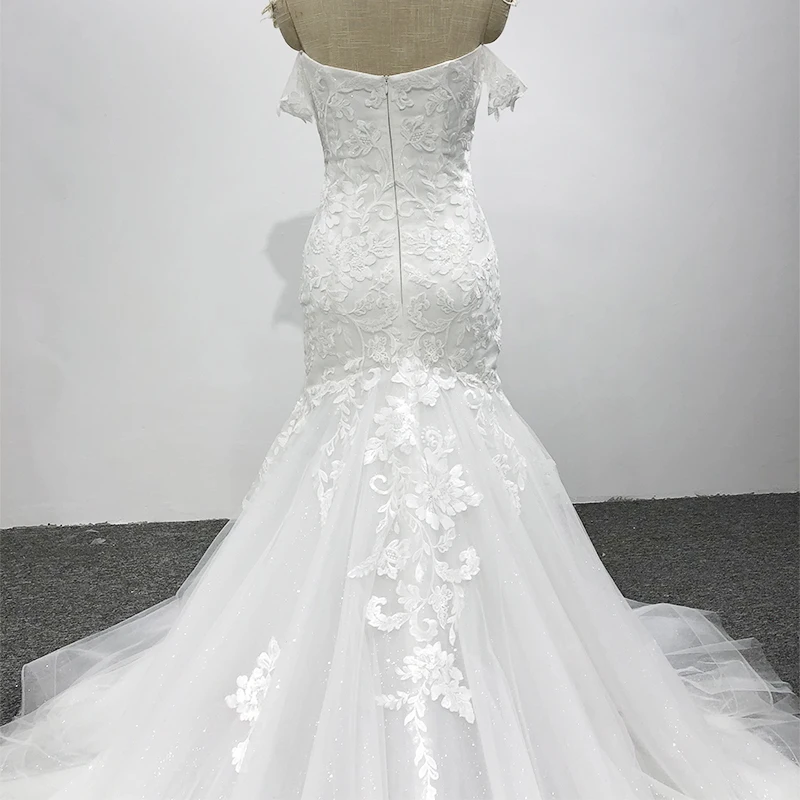 Off-the-Shoulder Wedding Dress Mermaid Lace Applique Tulle Skirt Sweep Train