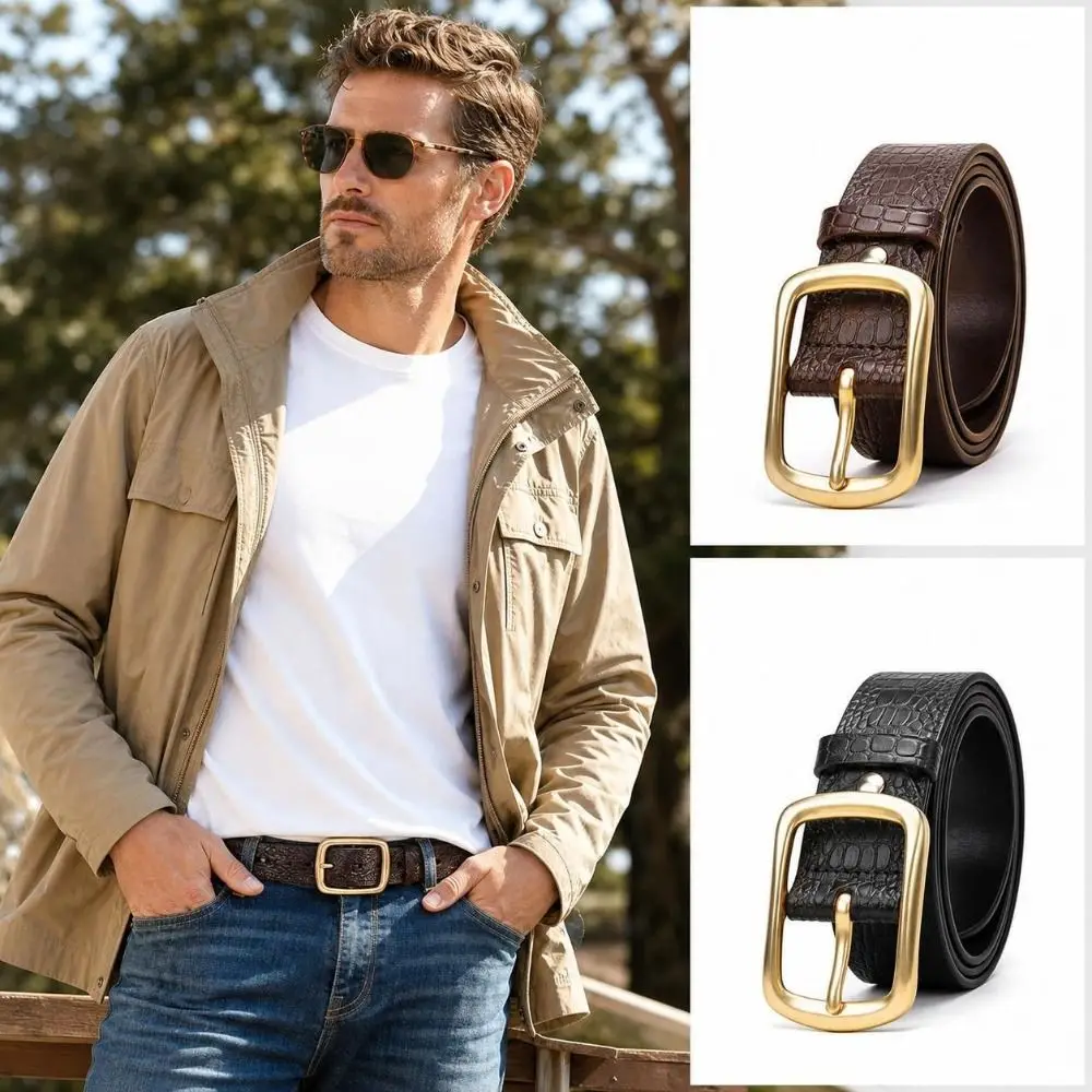Embossed Texture Faux Leather Belt Alloy Pin Buckle Durable Stitching Pin Buckle Belt Adjustable Casual Dress Belt For Men