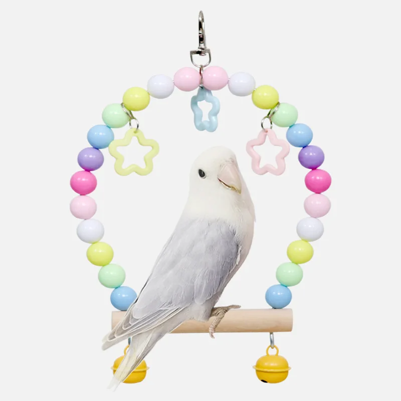 Natural Wooden Parrots Swing Toy Parakeet Birds Colorful Beads Bird Supplies Bells Toys Perch Hanging Swings Cage for Pets