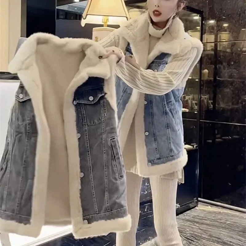 Autumn Winter Women Loose Cowboy Waistcoat Jacket Female Fashion Plush Denim Vest Coat Ladies Thick Fleece Inner Sleeveless Tops