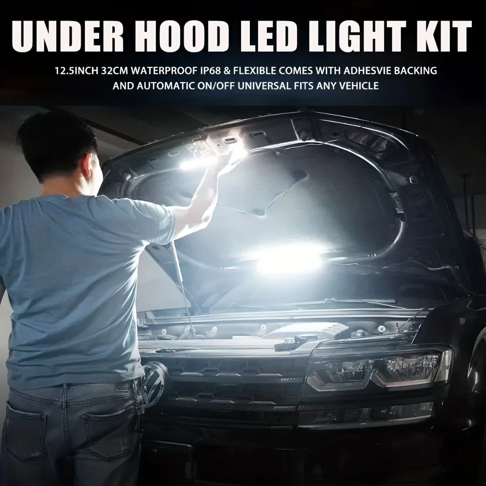 1 Set LED Car Under Hood Work Inspection Light Kit Waterproof 12V White LED Strip Lights Bars Hood Lights for Universal Brand