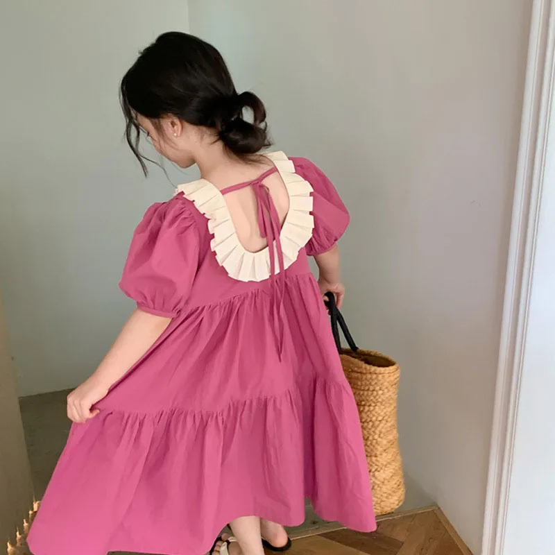 Summer Girls\' Dresses French Style Open Back Dress Lace Neck Princess Dress Casual Children\'s Dress  Baby Kids Clothing