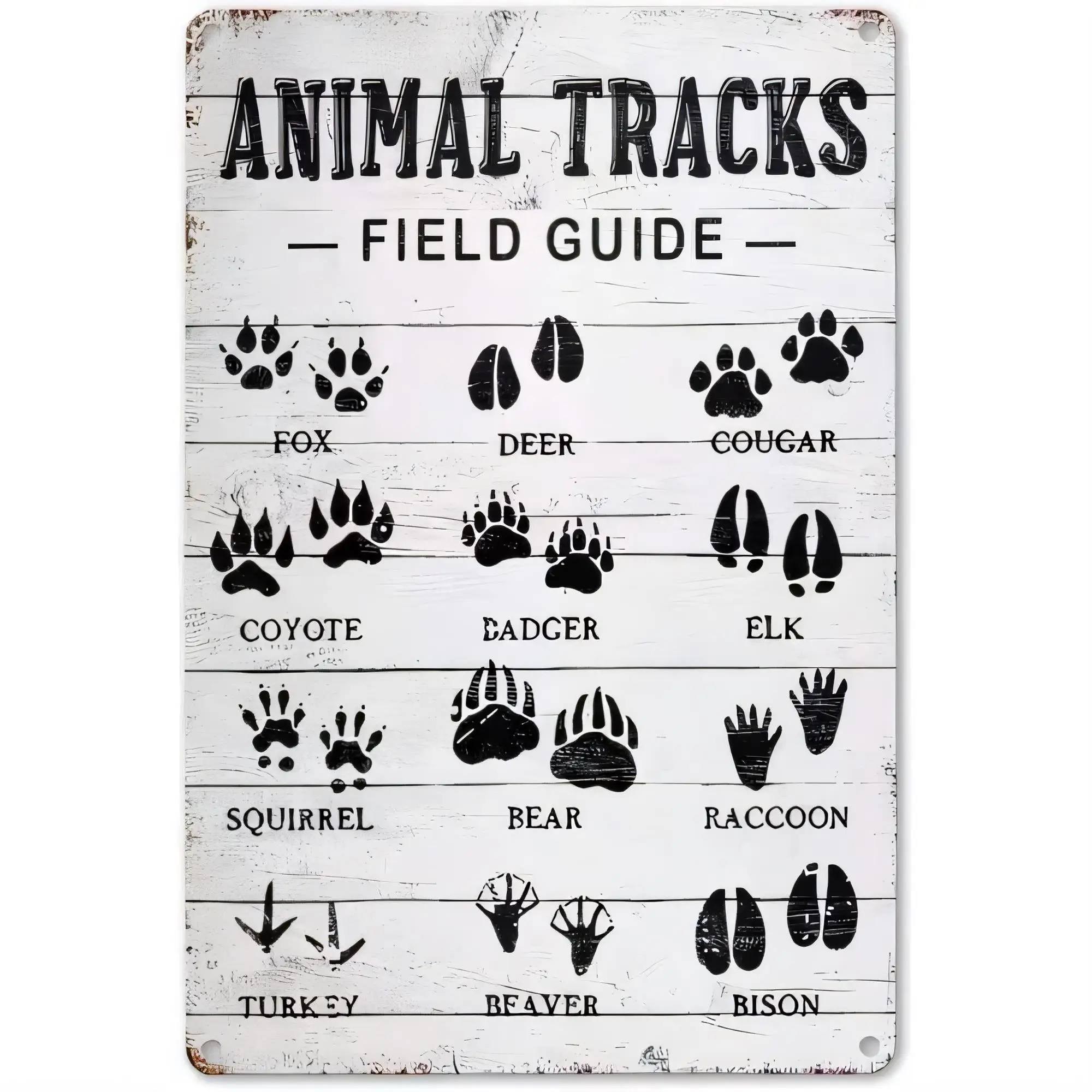 Animal Tracks Field Guide Tin Sign, Vintage Rustic Wildlife Paw Prints Deer Fox Cougar Bear Raccoon Elk Turkey Badger Decor for