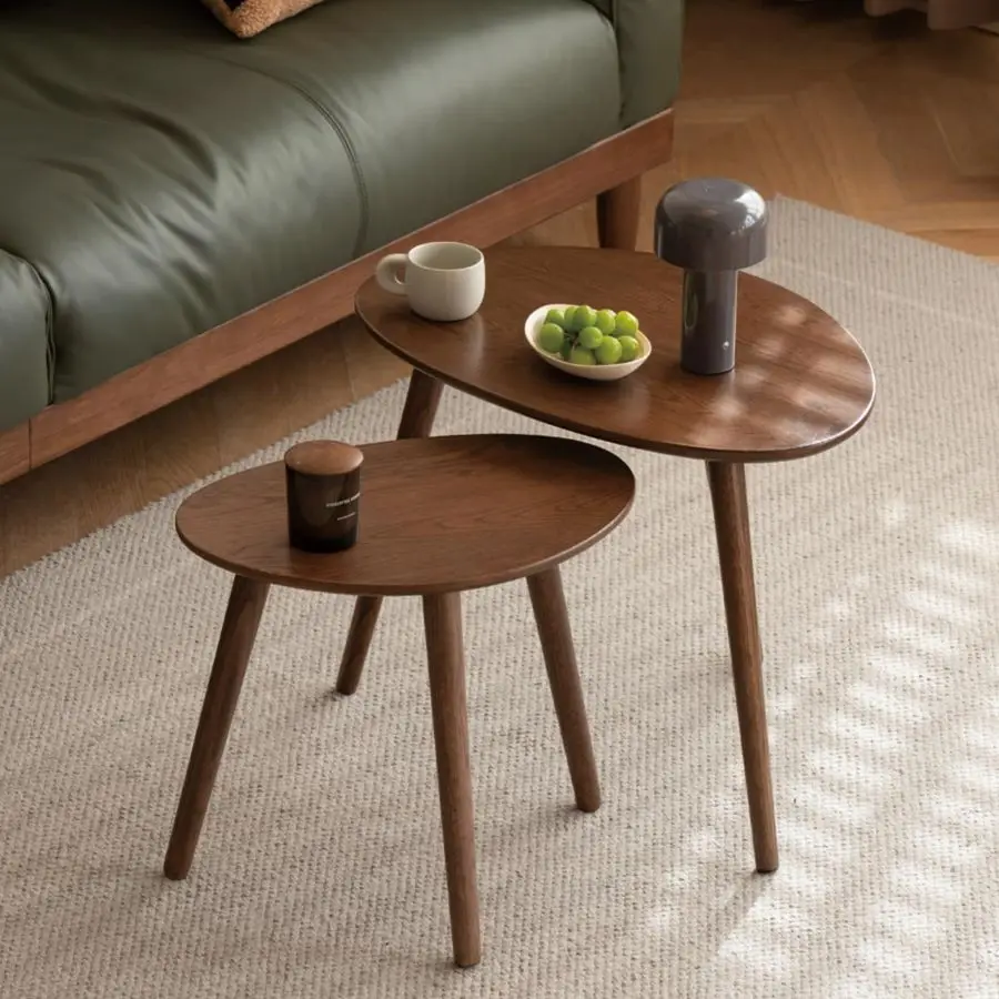 Oval Nesting Table, Mid Century Coffee Tables for Living Room,Solid Oak Wood Side Table,Triangle Tabletop with 3 Legs,Minimalis