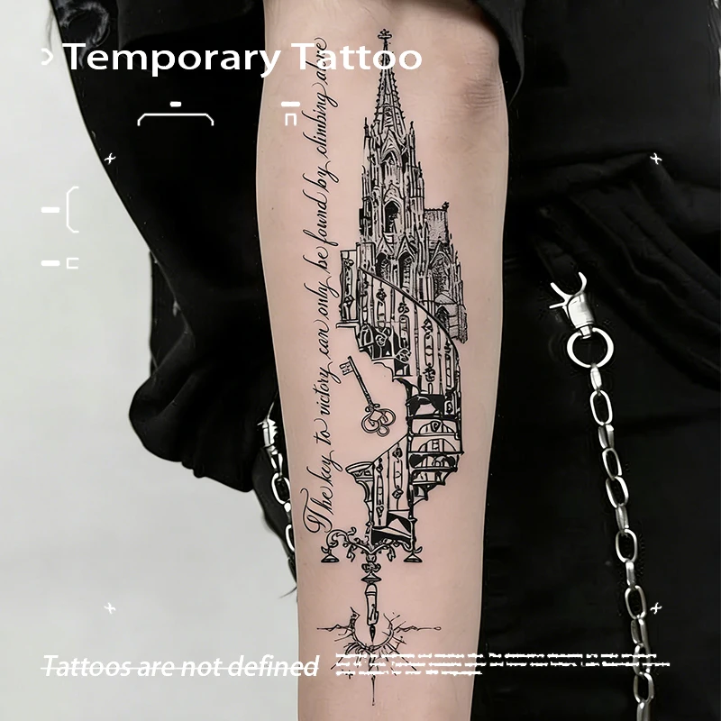 Dark Aesthetic Gothic Castle Temporary Tattoo Waterproof Herbal Juice Ink Tattoos Long Lasting Fake Tattoo Stickers for Arm Body