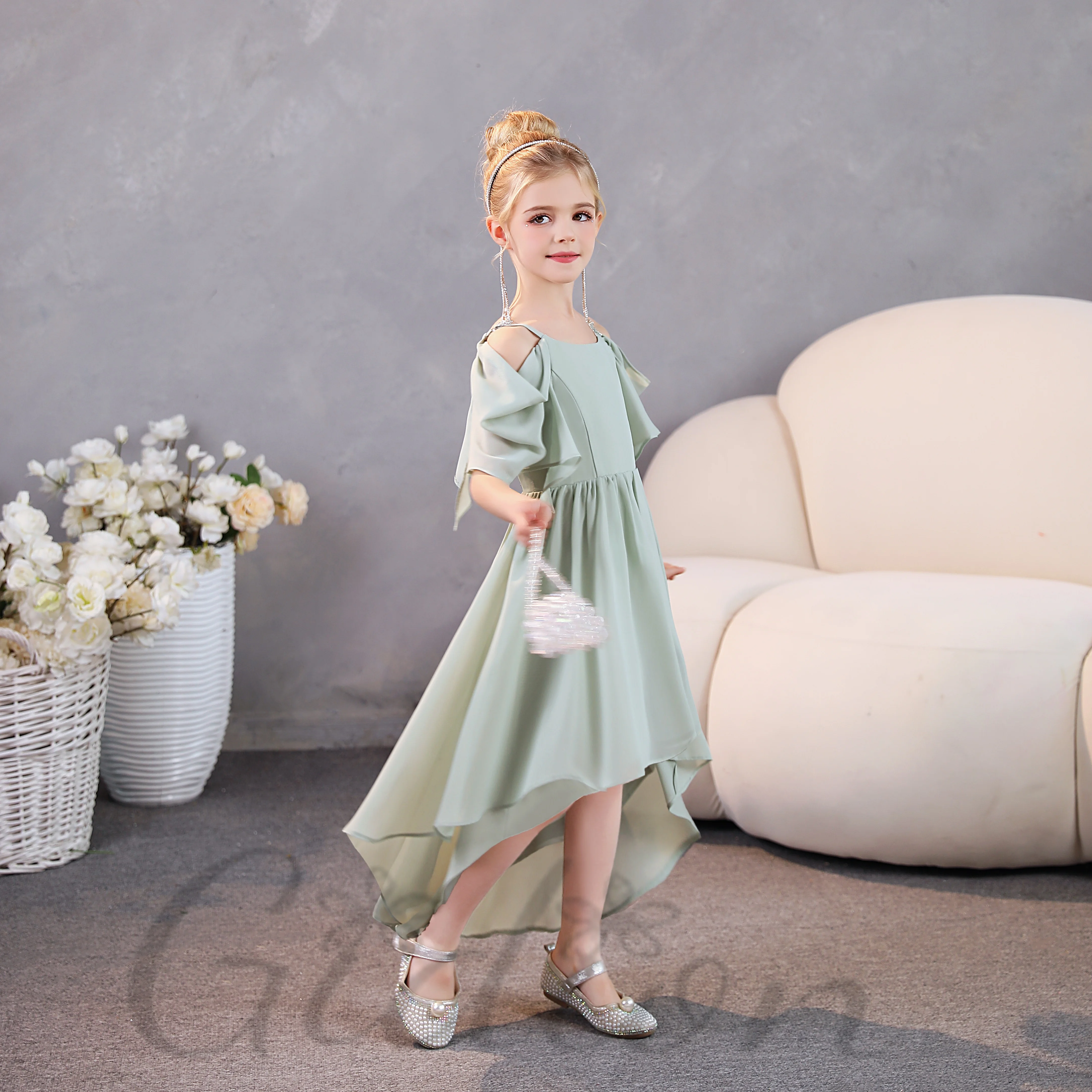 Robe de Demoiselle d'Honneur en Mousseline de Soie Asymétrique pour Enfant, Tenue de Cérémonie, de Mariage, d'Anniversaire, de Spectacle, de Banquet, de Concours