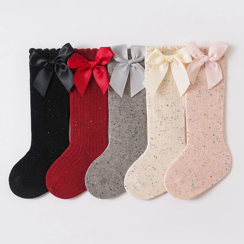 3/5 Pairs Kids Girls Socks Colorful Speckled Knee High Girls Socks Bowknot Ruffle Cuff Long Socks for Baby Girls