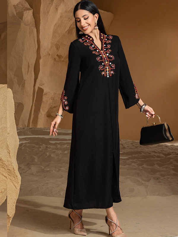 엘레 블라 비즈 장식 브이넥 미디 드레스 빈티지 스타일 휴가복 중동 여성 패션 3/4 길이 A라인 드레스