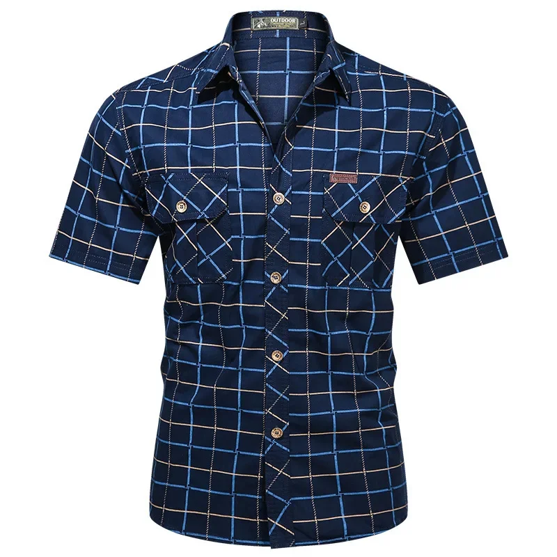 New Summer Men Plaid Shirts Male Military Outdoor Multi-pockets Tooling Shirts Quality Man Large Size short-sleeved Shirts 5XL