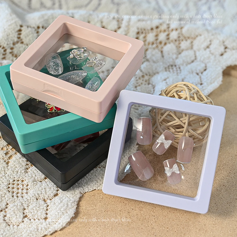 1pc PE Film False Nails Jewelry Storage Box Transparent Press On Nail Display Elastic Square Box 8*8cm Macaron Nail Packing Box